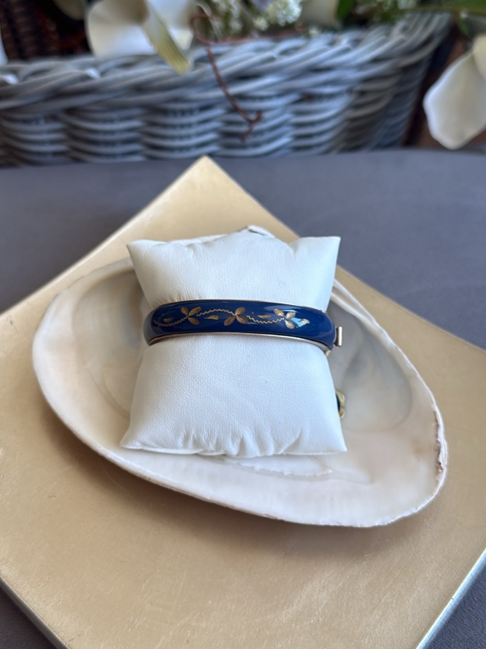Vintage Blue Enamel Floral Hinged Bangle Bracelet Unique Handmade